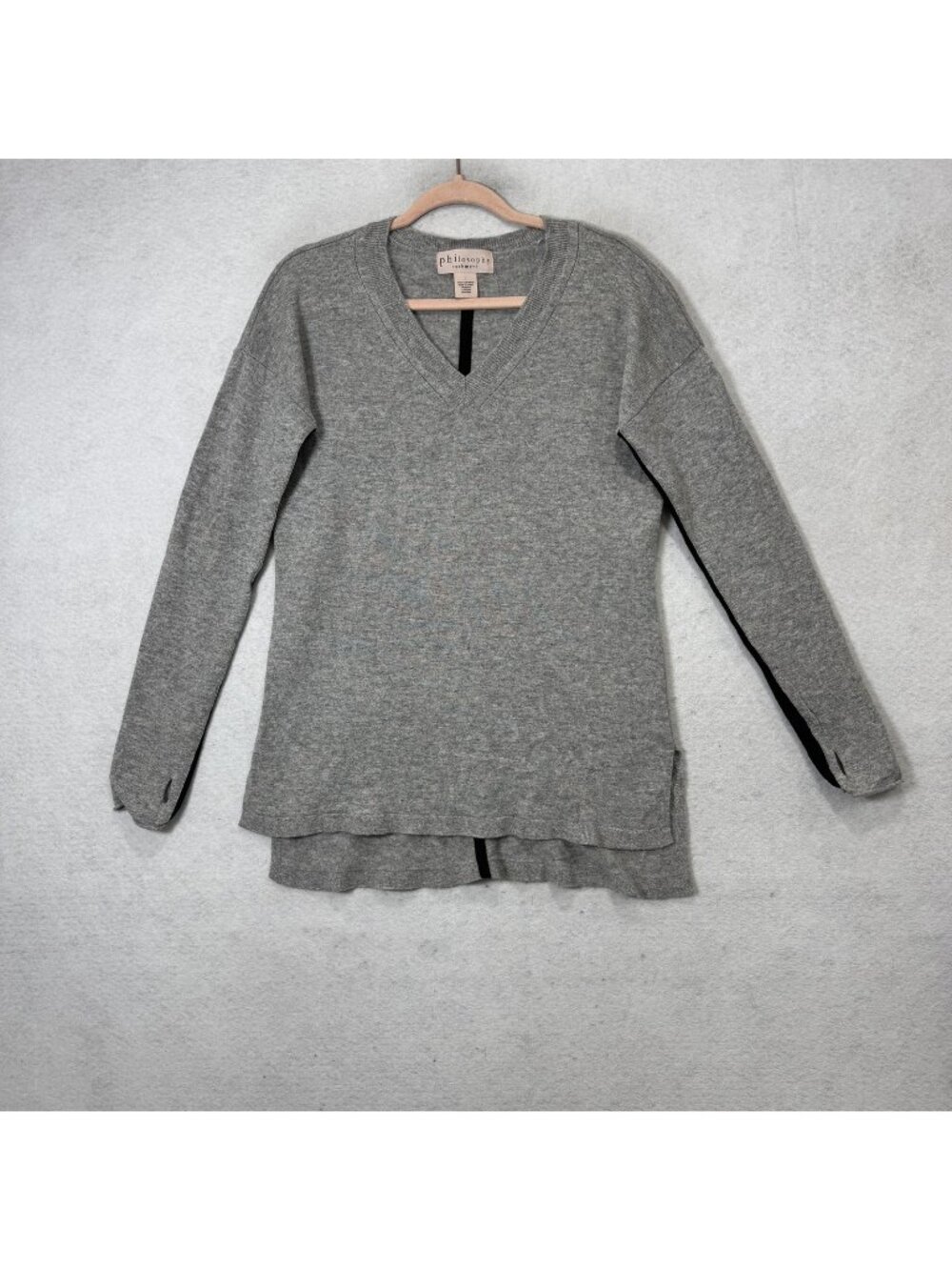 Philosophy Cashmere Sweater Tunic Womens Large Gray V Neck 100% Cashmere Knit